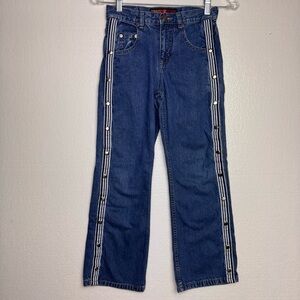 Super cool vintage Buzz Atomic Strength denim jeans snap-button side panels